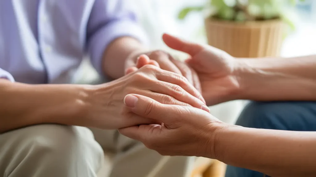 Hero image – Emotional support for bipolar caregivers1 pc Illustration of emotional support — two people sitting together in a calm space, offering comfort.