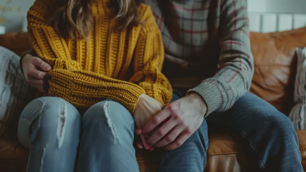 Two people sitting quietly together on a couch, one offering silent companionship