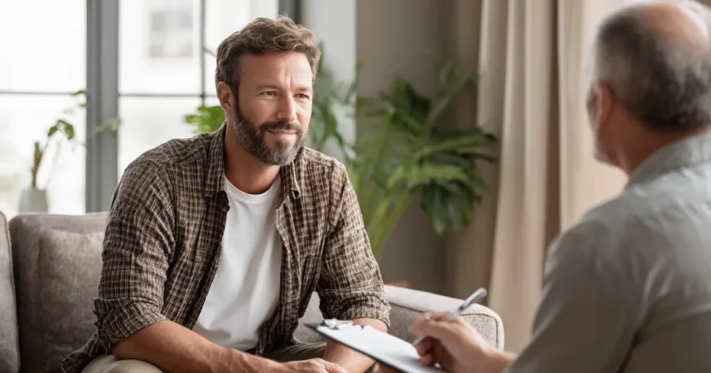 Two people calmly reviewing a Bipolar Emergency Plan together in a supportive indoor setting.