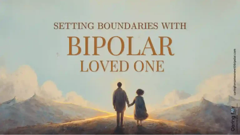 A couple stands hand in hand on a mountain path at sunrise, with golden light dividing the land beneath them. The text reads: “Setting Boundaries with Bipolar Loved One.” The scene symbolizes strength, emotional clarity, and shared resilience in challenging relationships.
