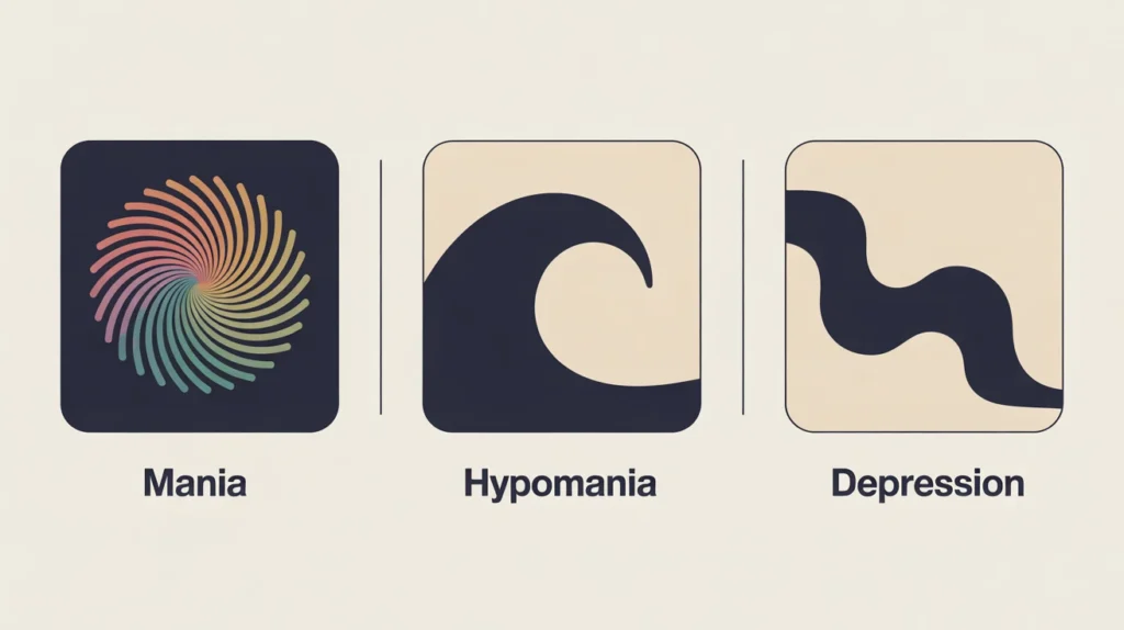 Three-panel graphic symbolizing mania, hypomania, and depression with energy waves.