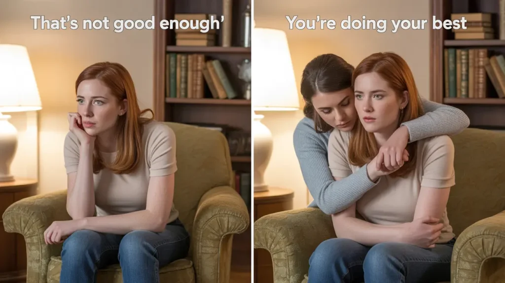 Two-frame scene showing a hurtful comment and a supportive response.