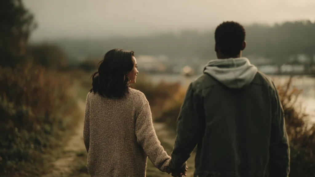 Couple holding hands at dusk, symbolising calm Supporting a Spouse With Bipolar Disorder.