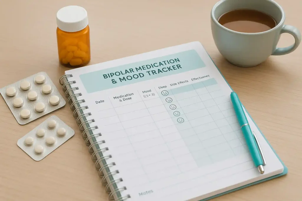 Bipolar medication and mood tracker journal with pills and coffee cup on desk.