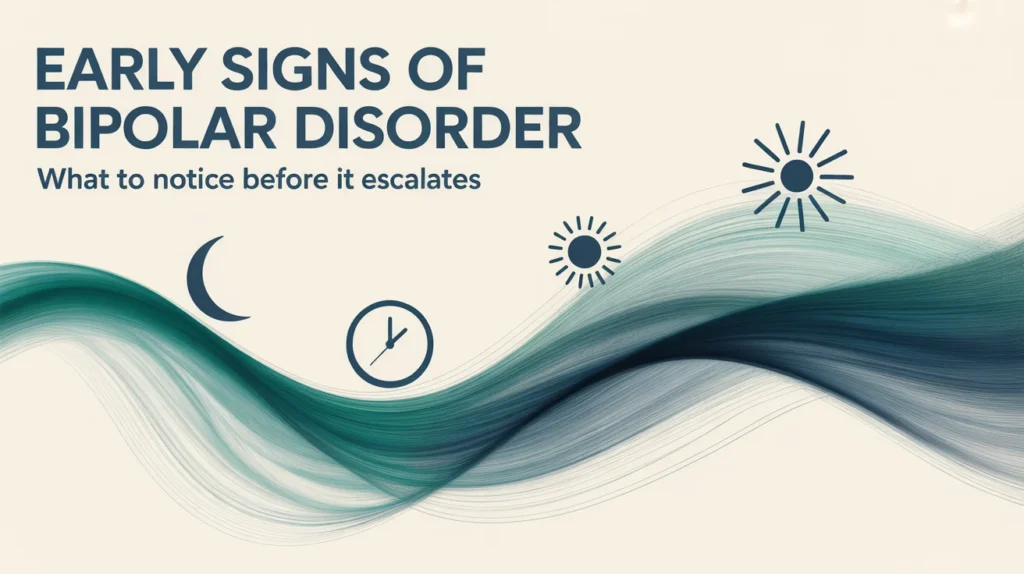Abstract timeline showing early bipolar patterns from sleep changes to hypomania peaks and depression dips on a calm teal-blue gradient.