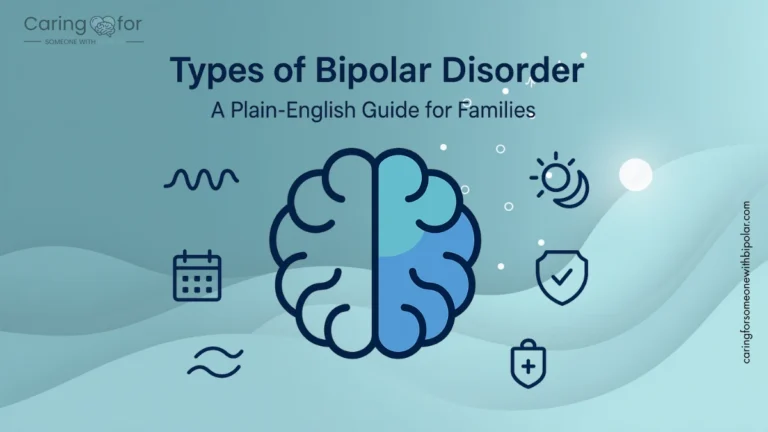 Illustration explaining types of bipolar disorder with mood sleep calendar and safety icons