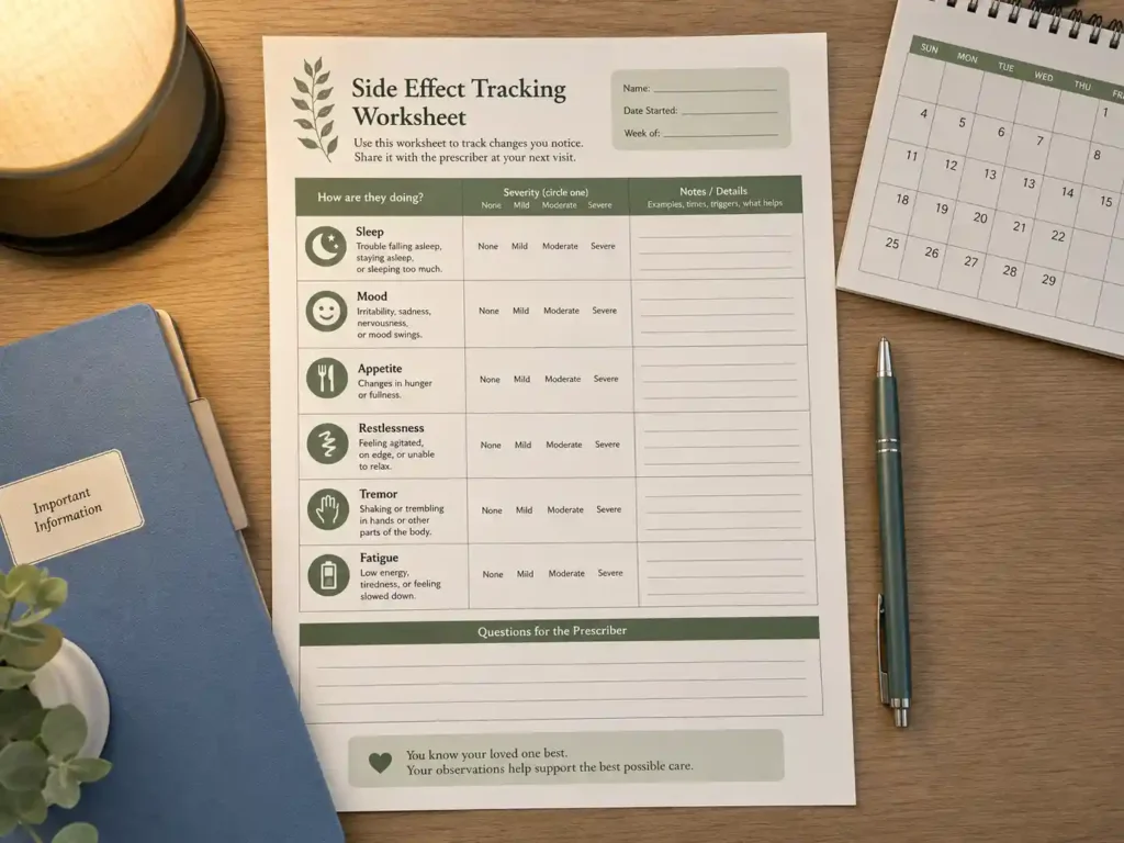 Side effect tracker worksheet for bipolar medication concerns