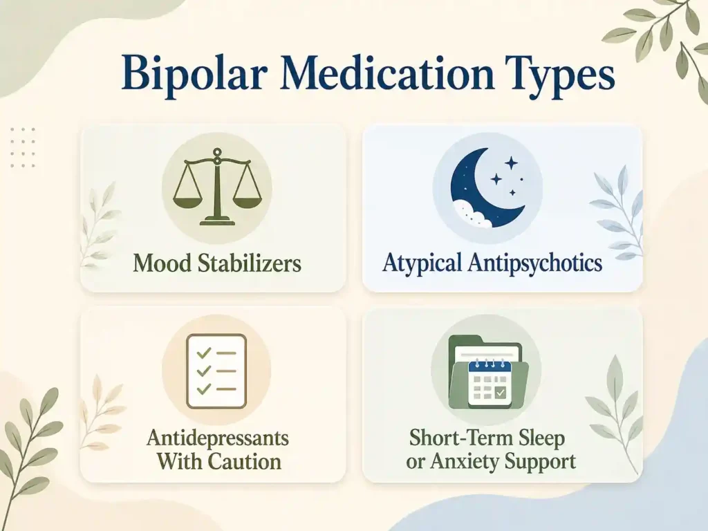 Overview of bipolar medication types including mood stabilizers atypical antipsychotics antidepressants with caution and short term support