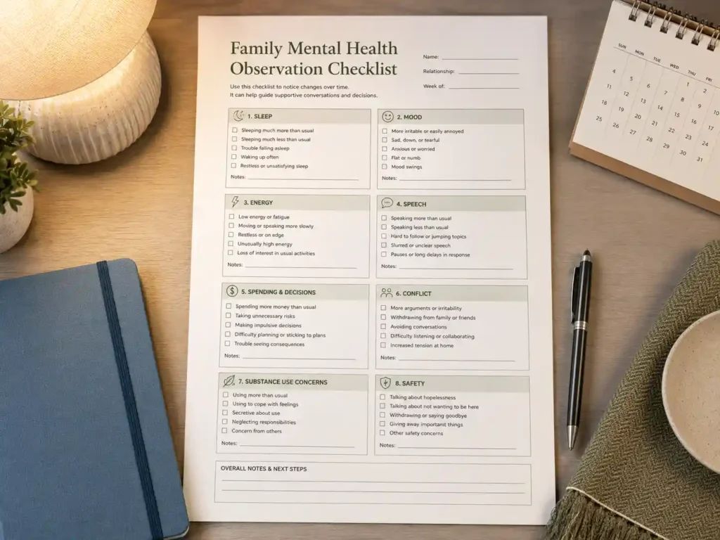 Warning signs checklist for families tracking untreated bipolar disorder symptoms