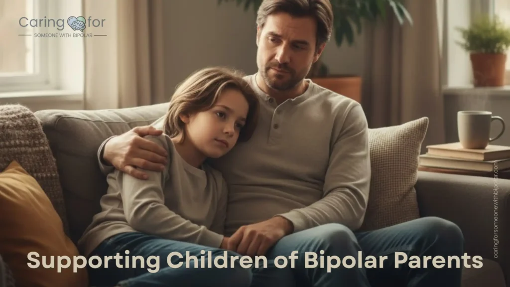 Parent and child sitting together on a couch, sharing a quiet moment that suggests both warmth and emotional complexity.