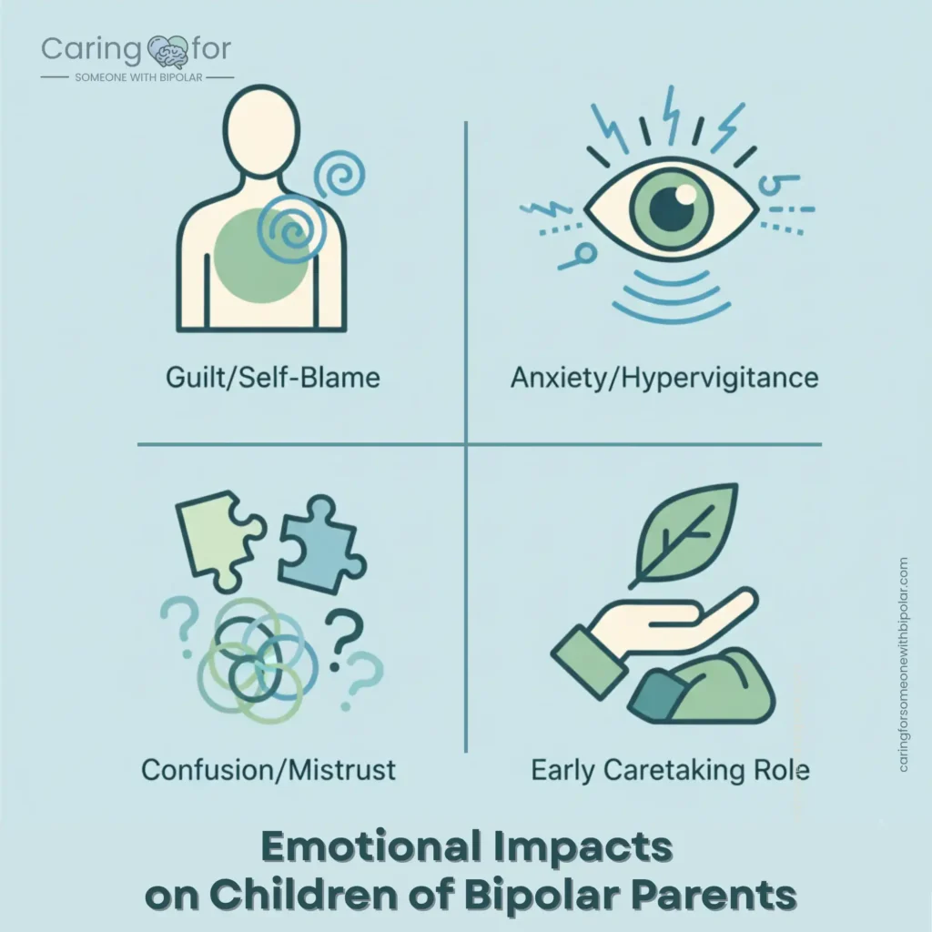 Infographic showing four emotional impacts on children of bipolar parents: guilt, anxiety, confusion, and role reversal.