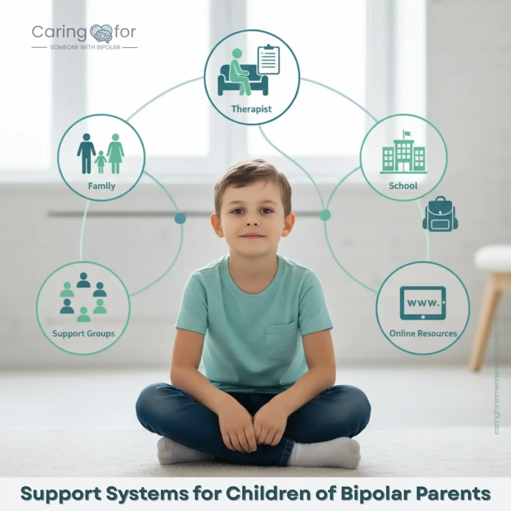 Illustration of a child in the center with lines connecting to family, therapist, school, and support groups as a support network.
