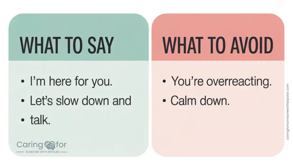 Graphic showing helpful phrases to say and unhelpful phrases to avoid when talking to someone with bipolar disorder.