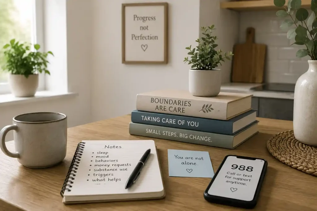 Calm table scene with caregiver notes, a phone showing 988 support, tea, and books about boundaries and self-care.