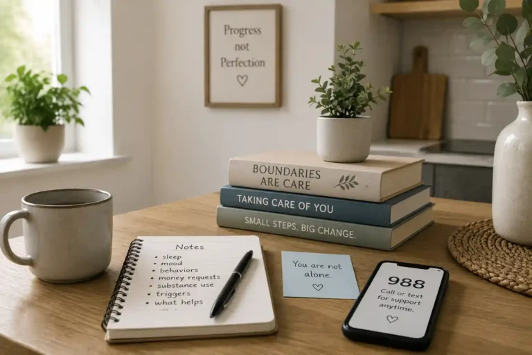 Calm table scene with caregiver notes, a phone showing 988 support, tea, and books about boundaries and self-care.