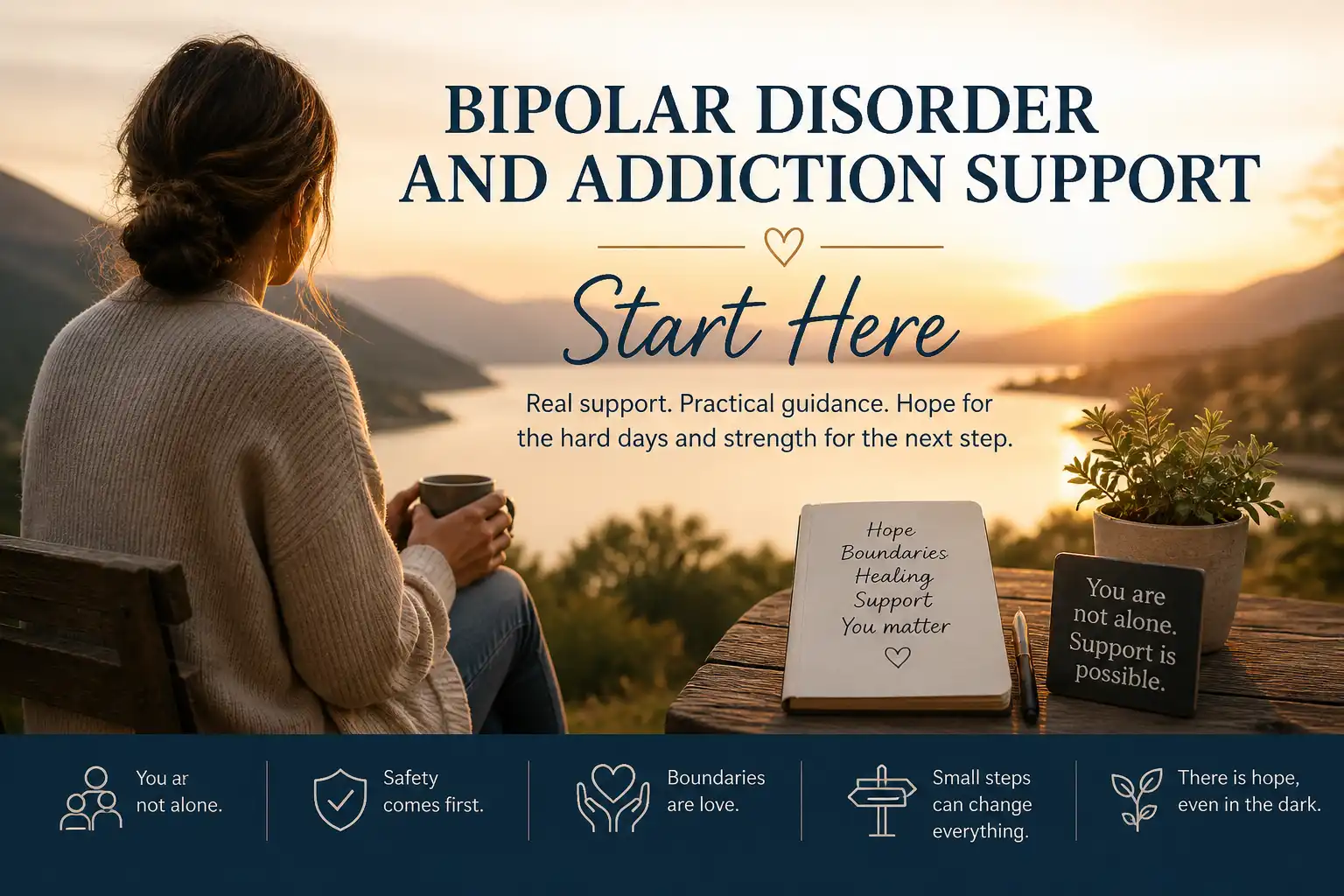 Woman sitting by a calm landscape for bipolar disorder and addiction family support