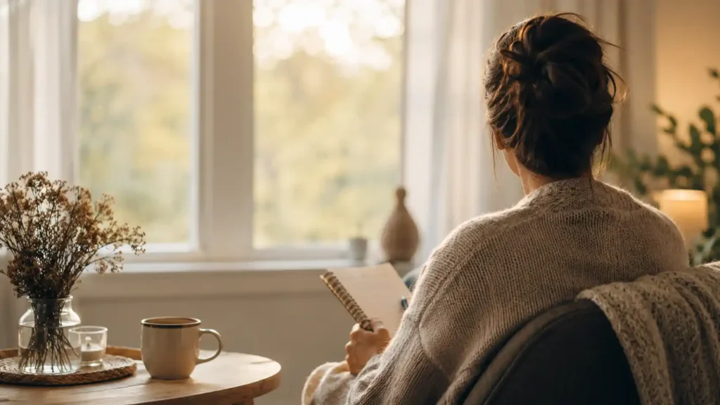 Woman caregiver sitting by a window with a notebook, reflecting on a protected family story about bipolar disorder and addiction.
