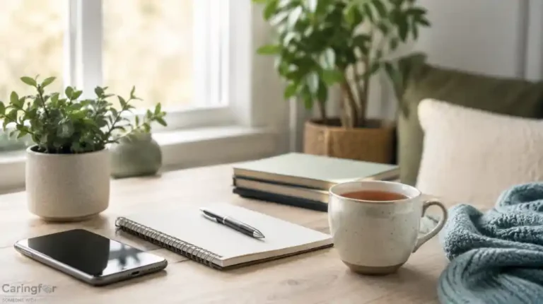 Notebook, phone, pen, and warm tea on a calm home desk for a guide about supporting someone with bipolar disorder without enabling