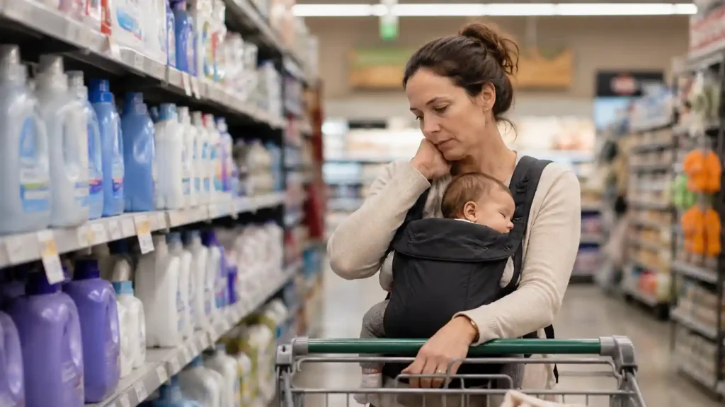 A tired caregiver standing quietly in a grocery store aisle, representing bipolar caregiver burnout and emotional exhaustion.