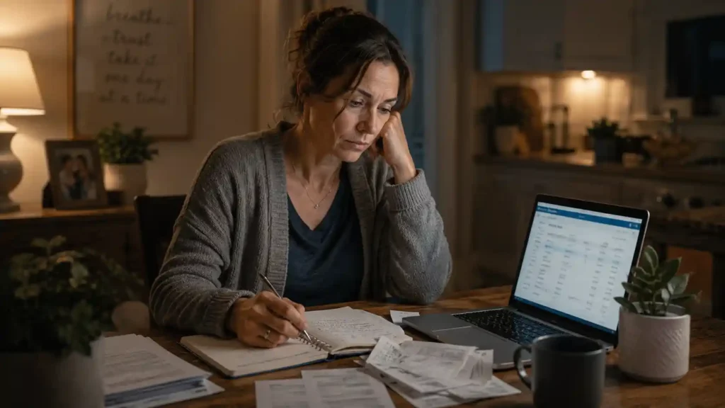 A caregiver sitting at a kitchen table at night reviewing bills after bipolar mania affected finances.