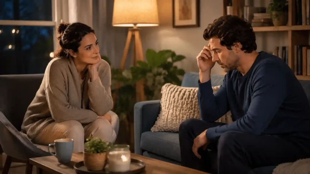 A calm caregiver sitting beside a loved one during a difficult nighttime conversation