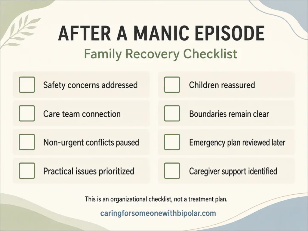 Family recovery checklist for organizing next steps after a manic episode