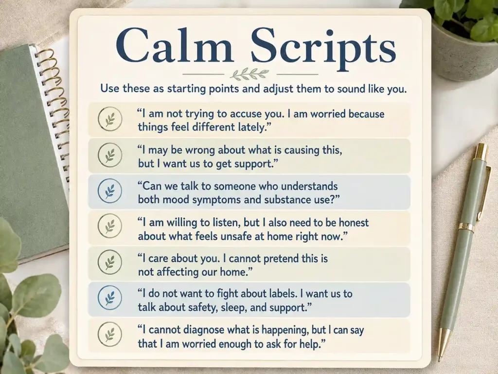 Calm caregiver scripts for discussing bipolar disorder and substance use concerns
