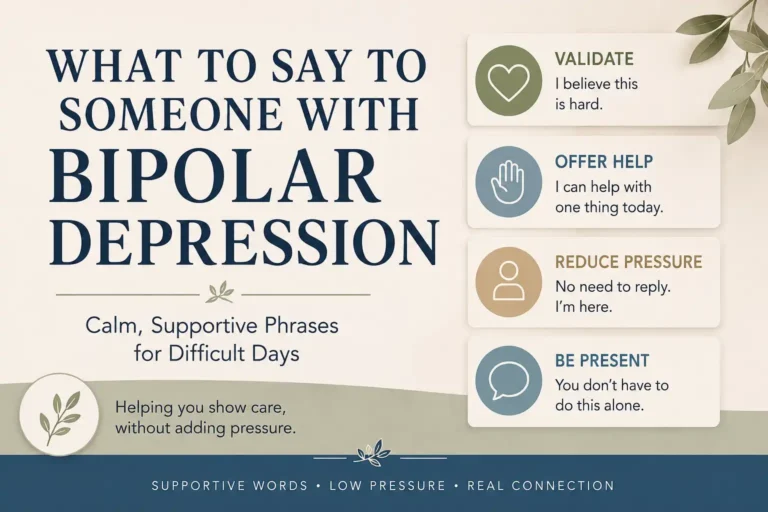 Supportive communication guide with calm phrases for someone experiencing bipolar depression