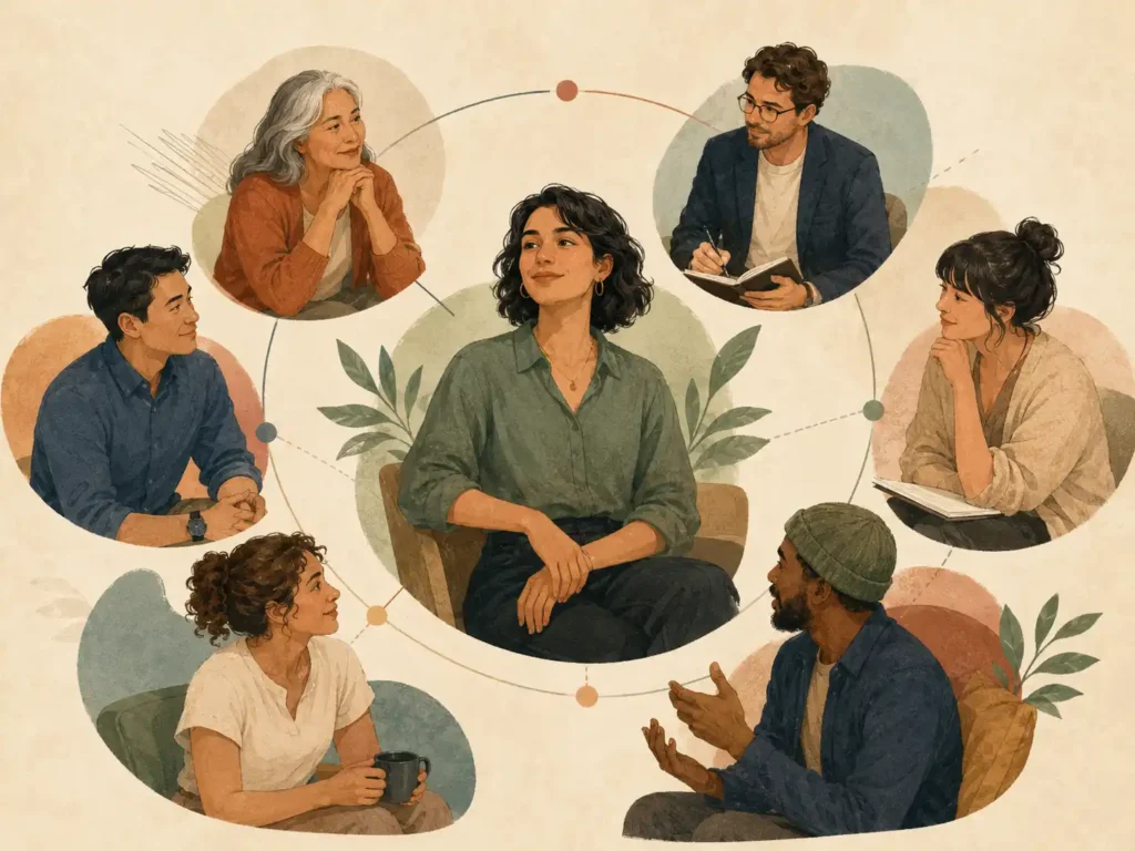 Adult at the center of a support network including family, clinicians, friends and community support