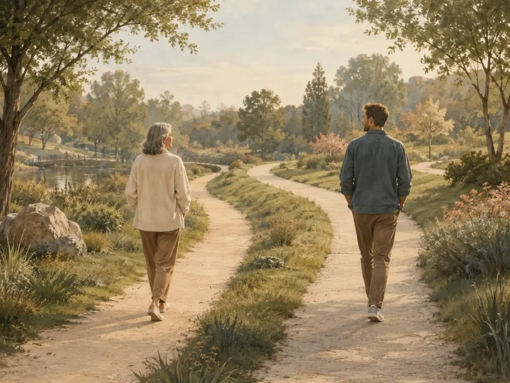 Parent and adult child walking side by side while maintaining separate paths