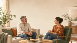 Parent having a calm supportive conversation with an adult child at home