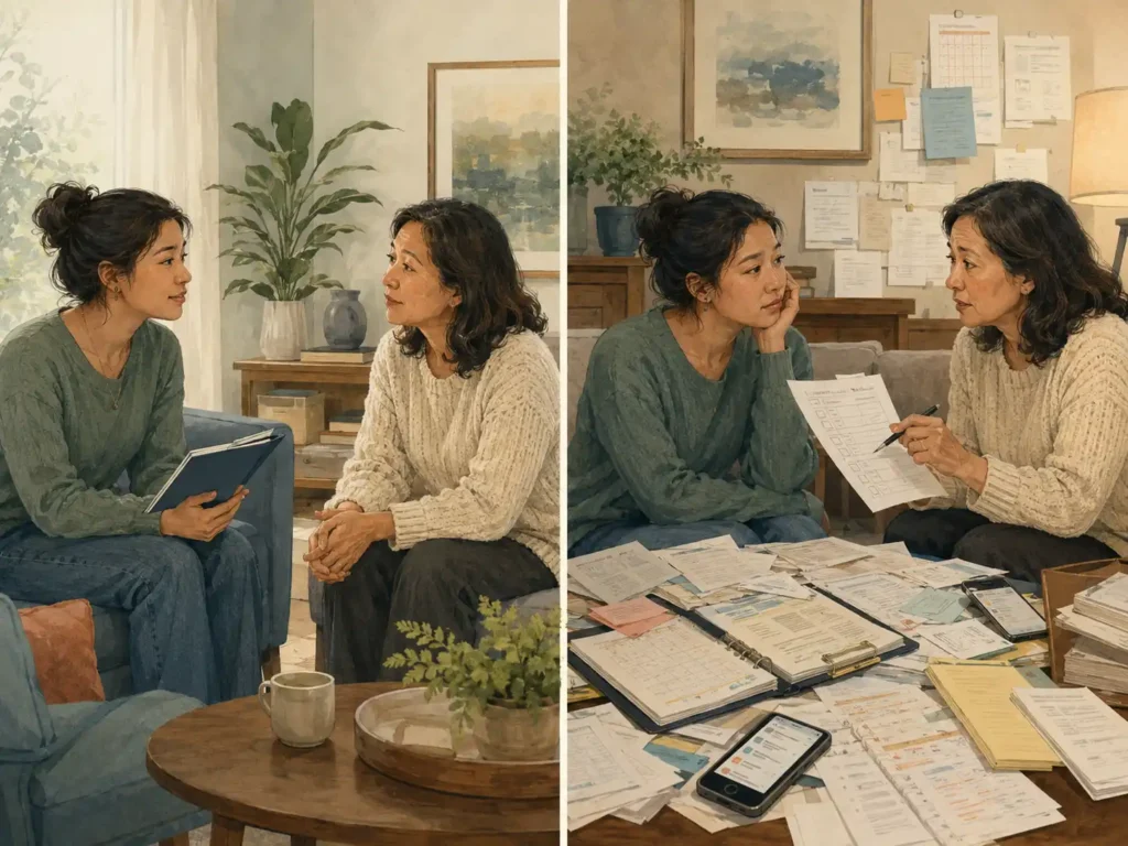 Two-scene illustration comparing supportive communication with overly controlling involvement in an adult child's decisions