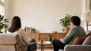 Adult siblings sitting together in a calm home setting