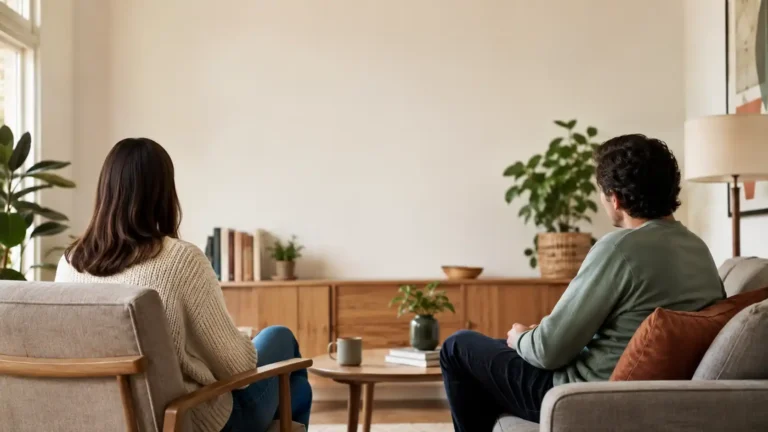 Adult siblings sitting together in a calm home setting
